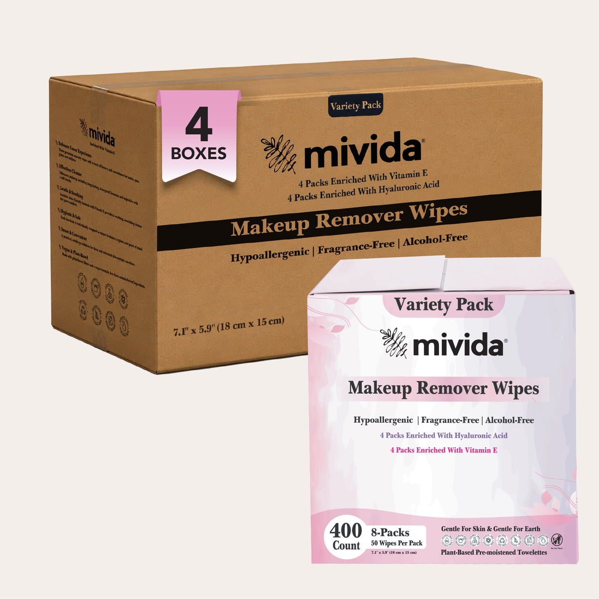 mivida Hypoallergenic Makeup Remover Wipes, Vitamin E+Hyaluronic Acid, 8×50 Ct