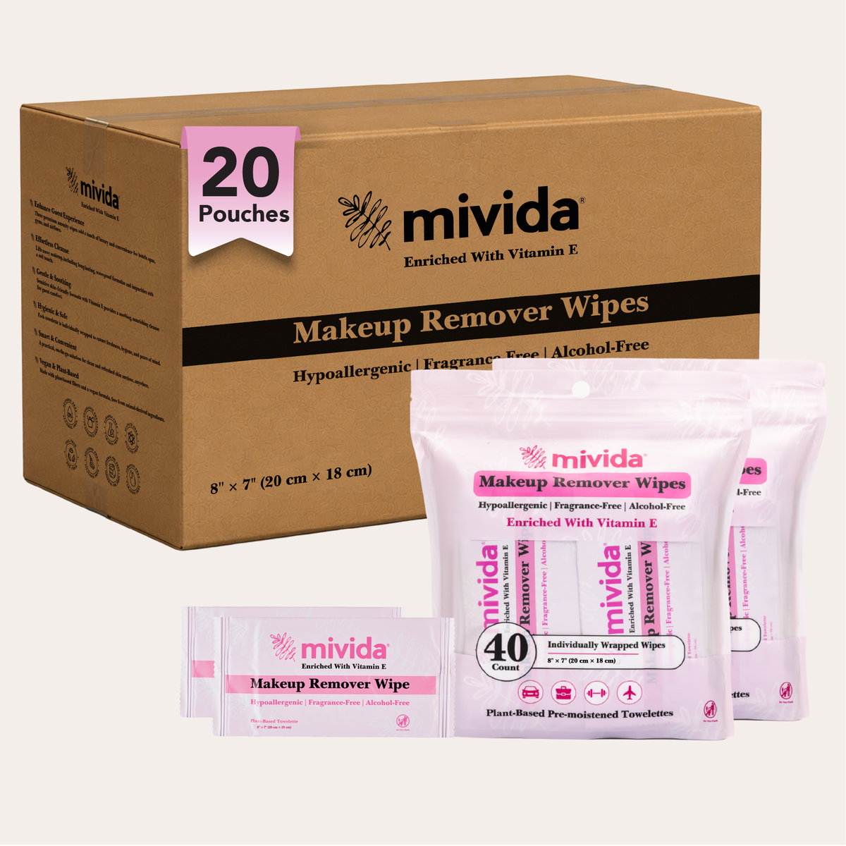 mivida Hypoallergenic Vitamin E Makeup Wipes, 40 ct