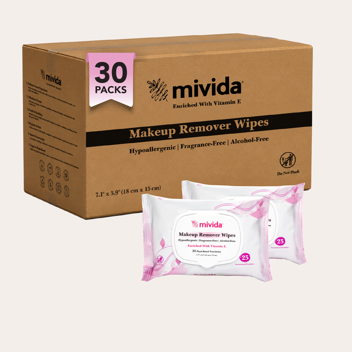 mivida Hypoallergenic Makeup Remover Wipes with Vitamin E, Bulk 25 ct
