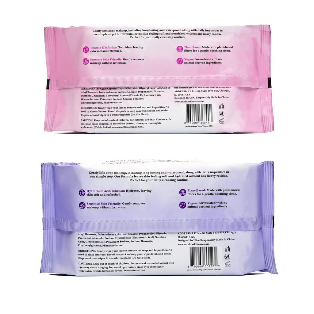 mivida Hypoallergenic Makeup Remover Wipes, Variety Box (8 Packs x 50 Wipes)